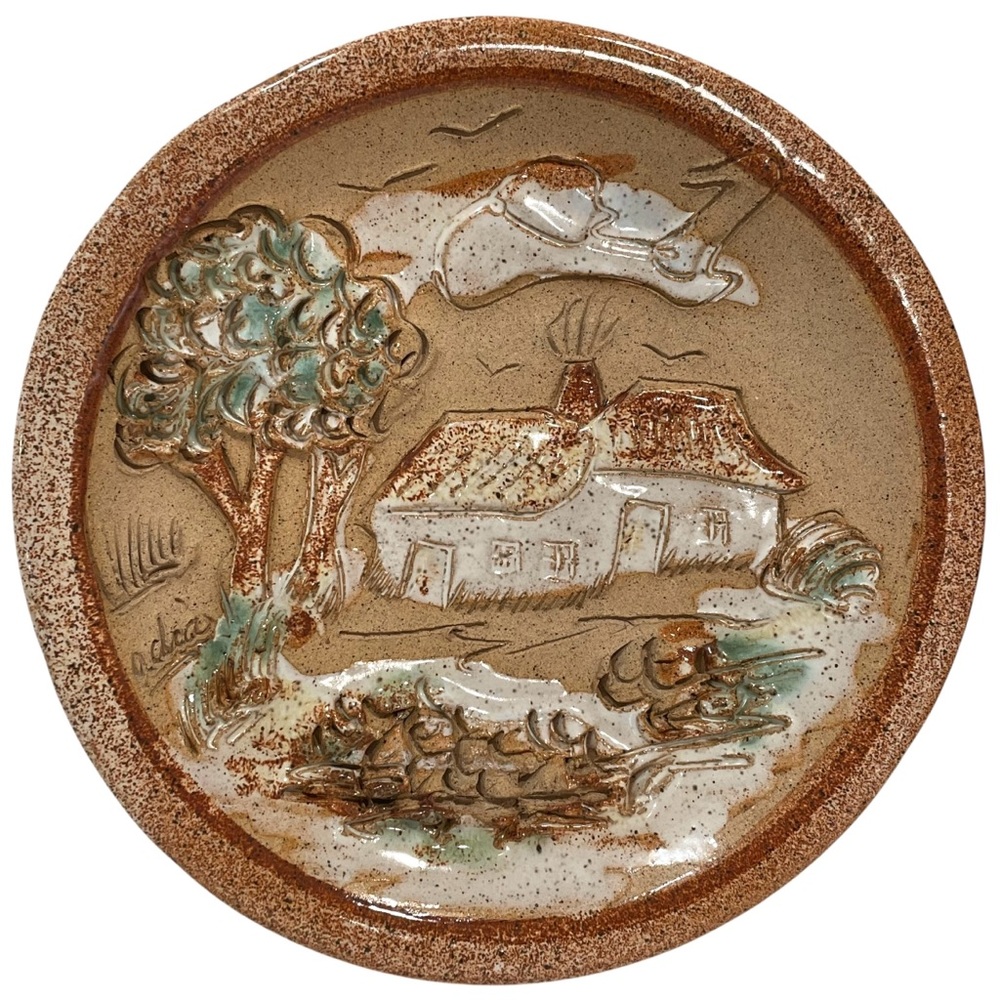 Vintage 1970s Signed Adia Studio Pottery Art Wall Plate - Rustic Cottage Quebec